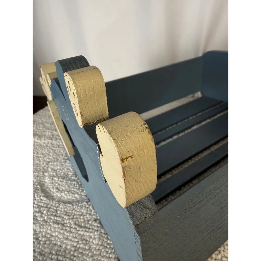Blue Wooden Crate Heart Cutouts Bunny‎  Rustic Farmhouse Storage Organizer